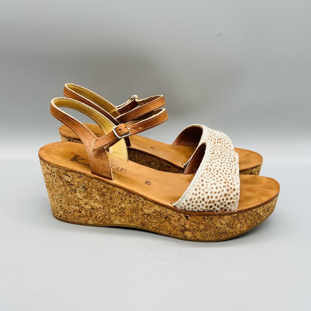 K Jacques St Tropez Sandals Womens 9 Brown Leather Cork Platform Wedge Shoes